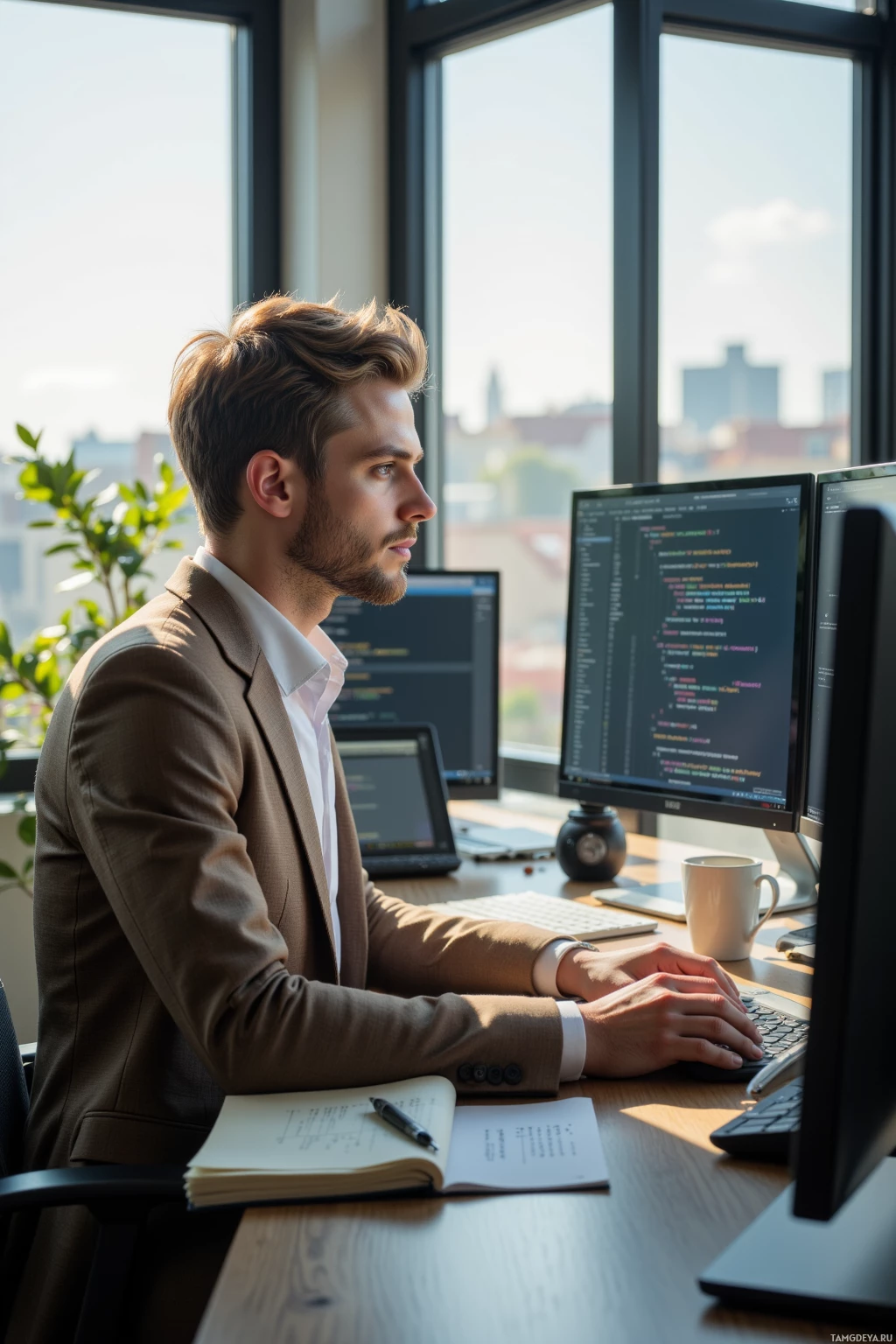 A man in a suit is working at a desk with multiple computer monitors displaying code.