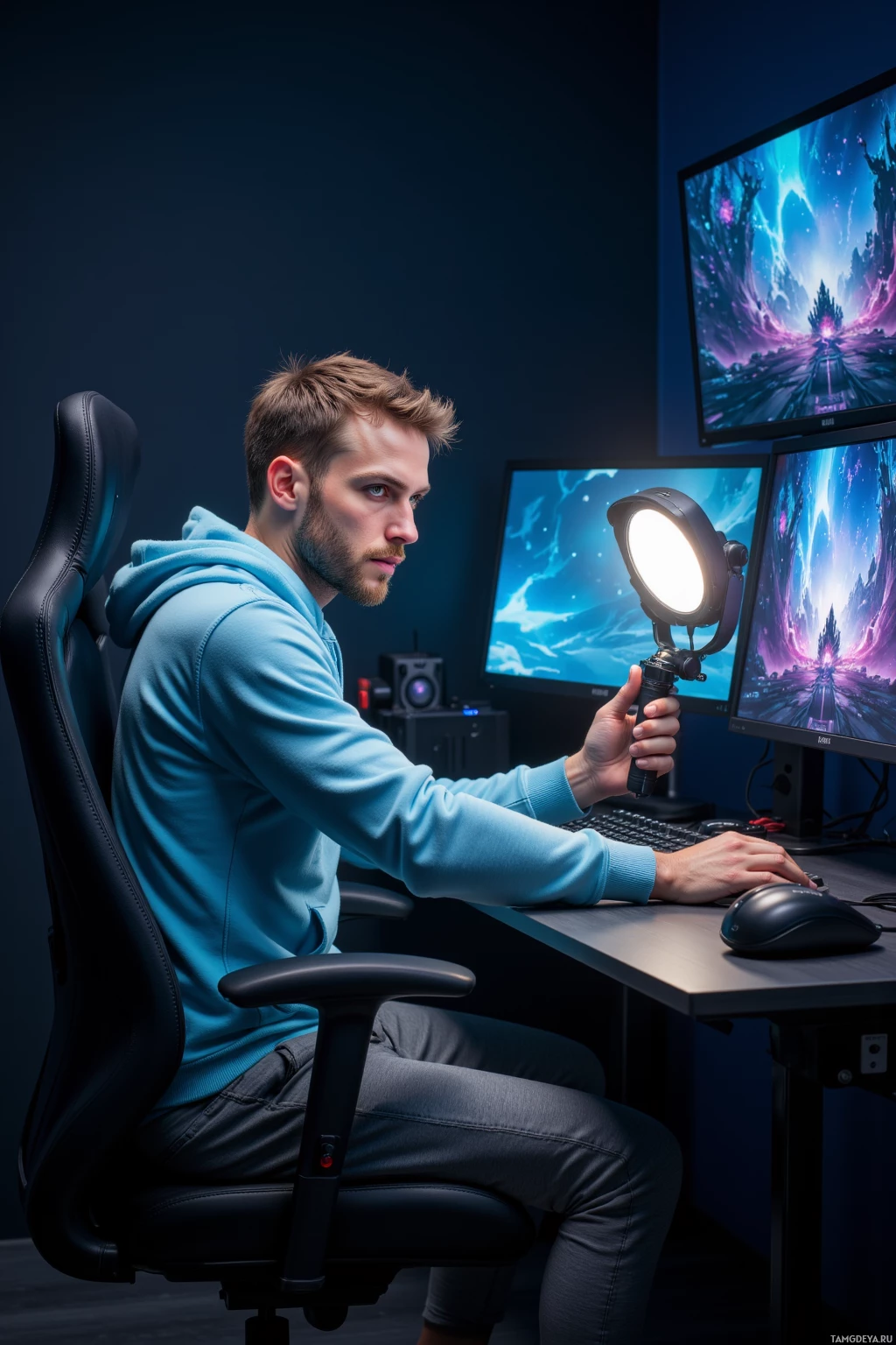A person sits in a gaming chair at a desk with multiple monitors displaying vibrant graphics.