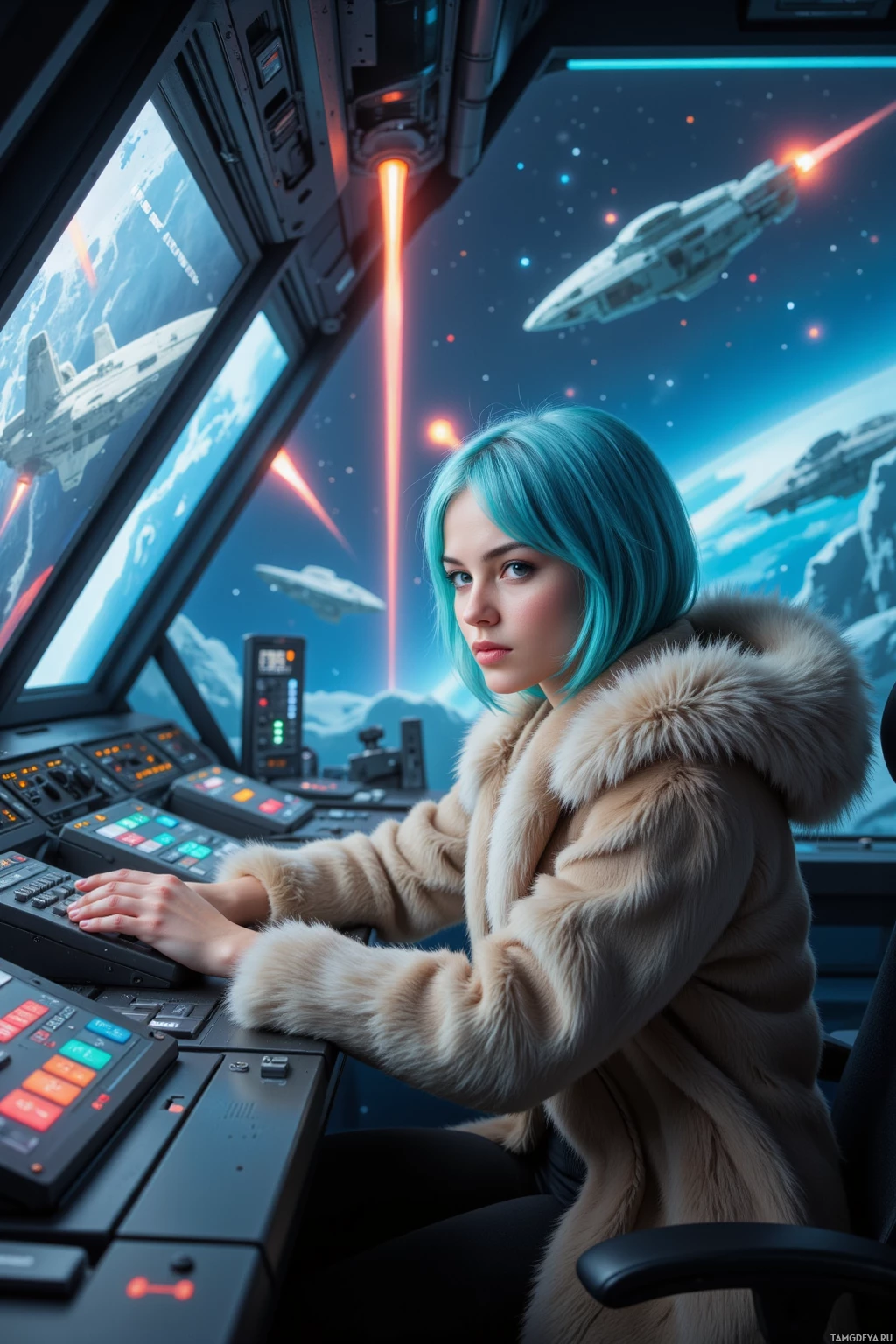 A person with blue hair sits at a control panel in a futuristic cockpit, with space ships and a starry background visible through the windows.