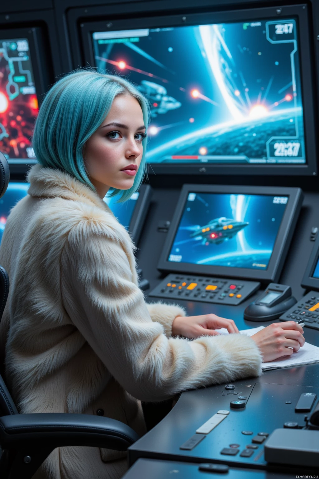 A person with blue hair sits at a control panel with multiple screens displaying a space-themed interface.