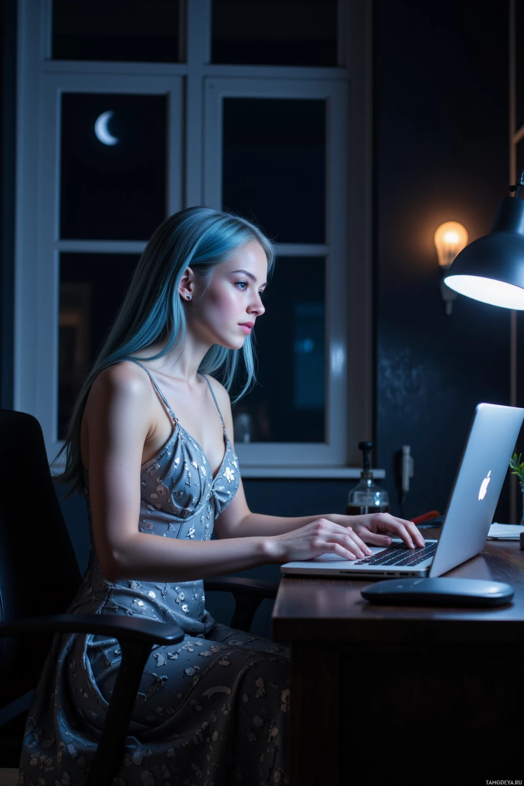 A woman in a dress works on a laptop under a desk lamp in a dimly lit room.