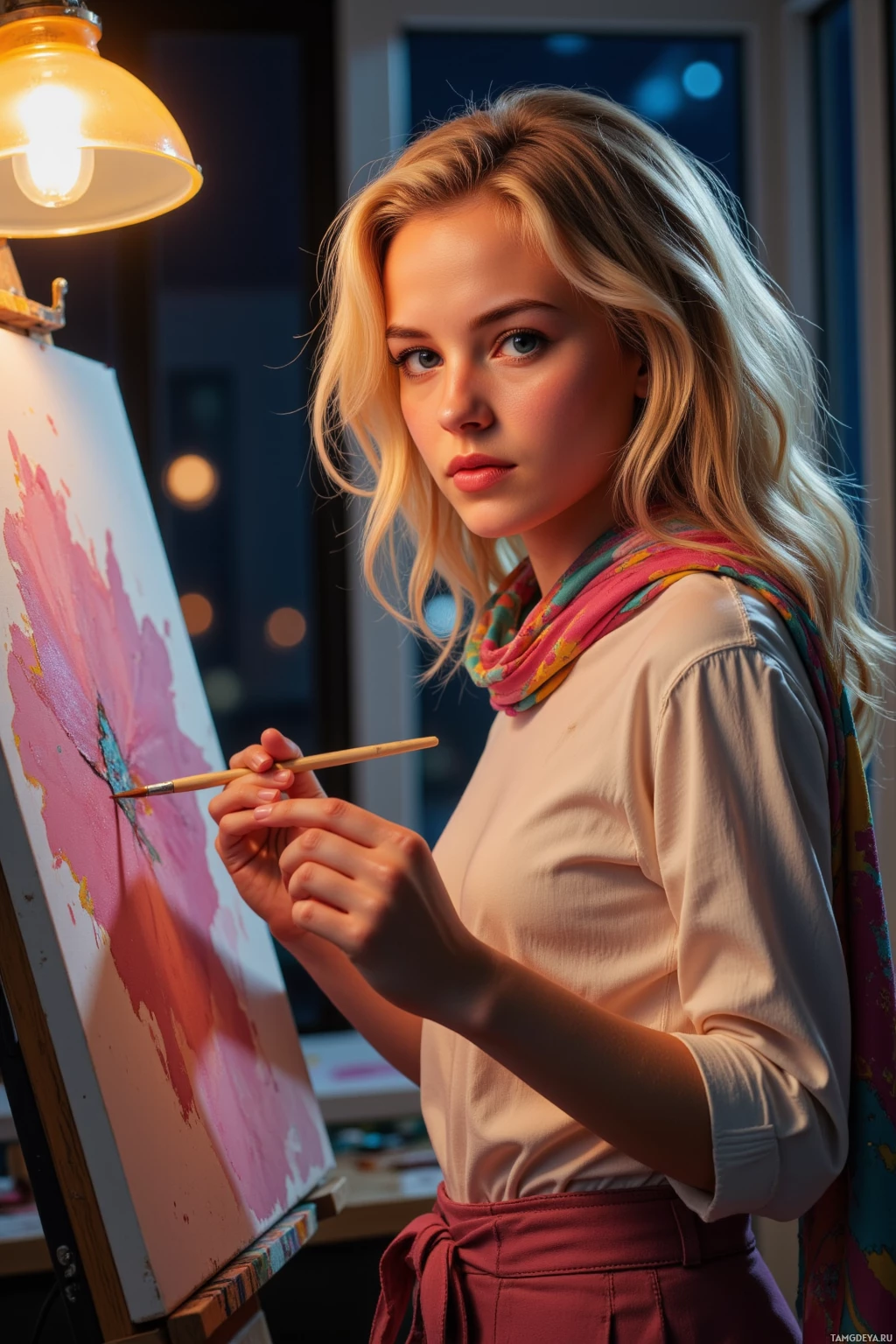 A woman paints on an easel under a lamp in a dimly lit room.