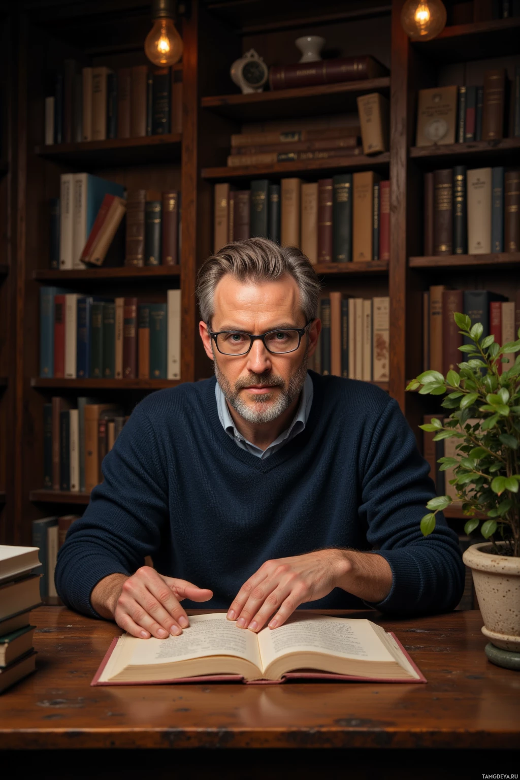 A man sits at a desk with an open book, surrounded by bookshelves.