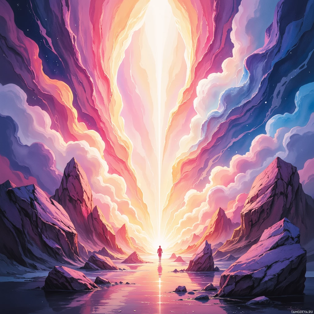 A person stands at the entrance of a glowing, ethereal canyon with vibrant pink and purple hues.