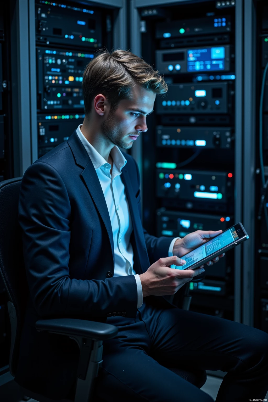 A man in a suit sits in a server room, holding a tablet.
