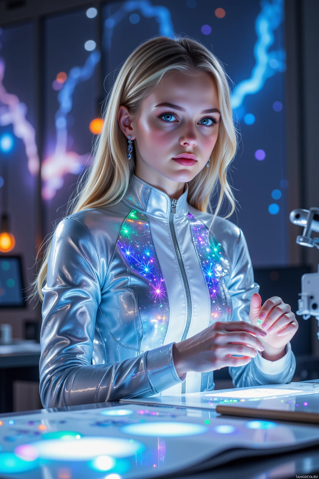 A person in a futuristic, metallic jacket stands in a high-tech environment with glowing elements.