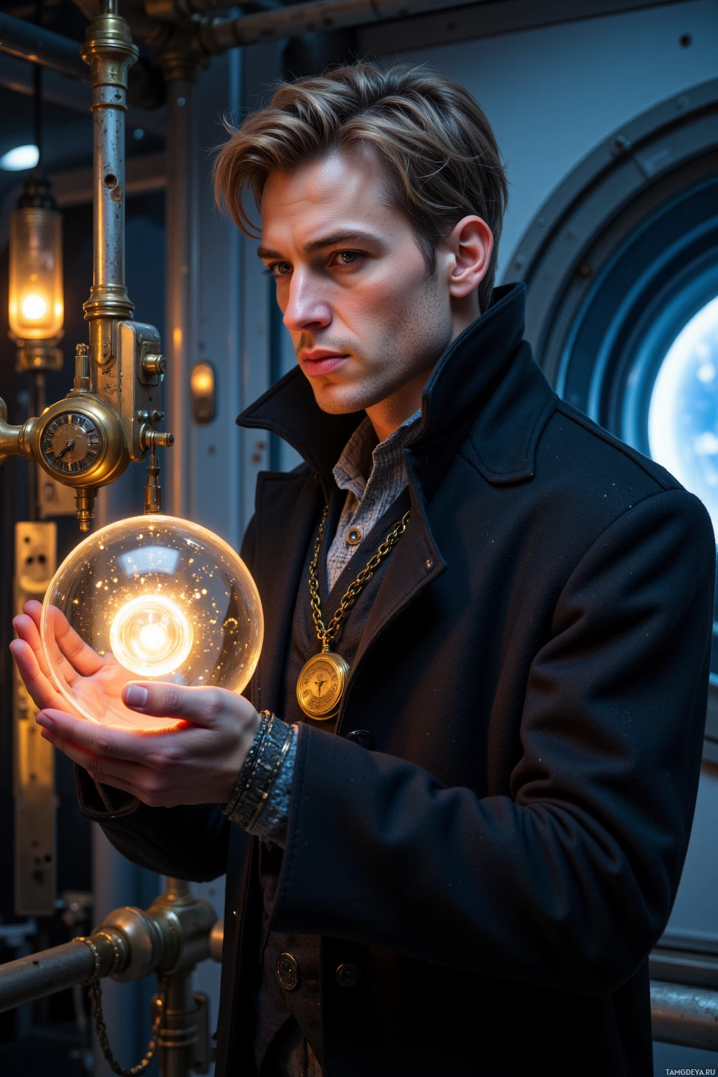 A man in a dark coat holds a glowing light bulb in a dimly lit industrial setting.