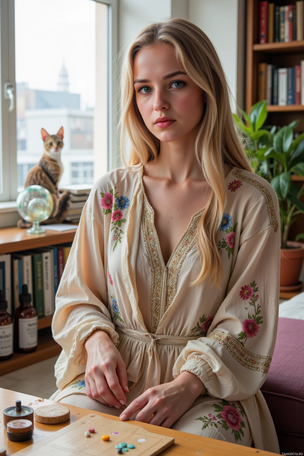 A woman in a floral dress sits at a table with a cat in the background.