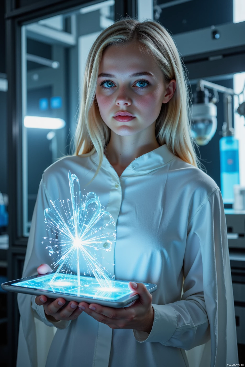 A person in a lab coat holds a tablet displaying a glowing, futuristic interface.