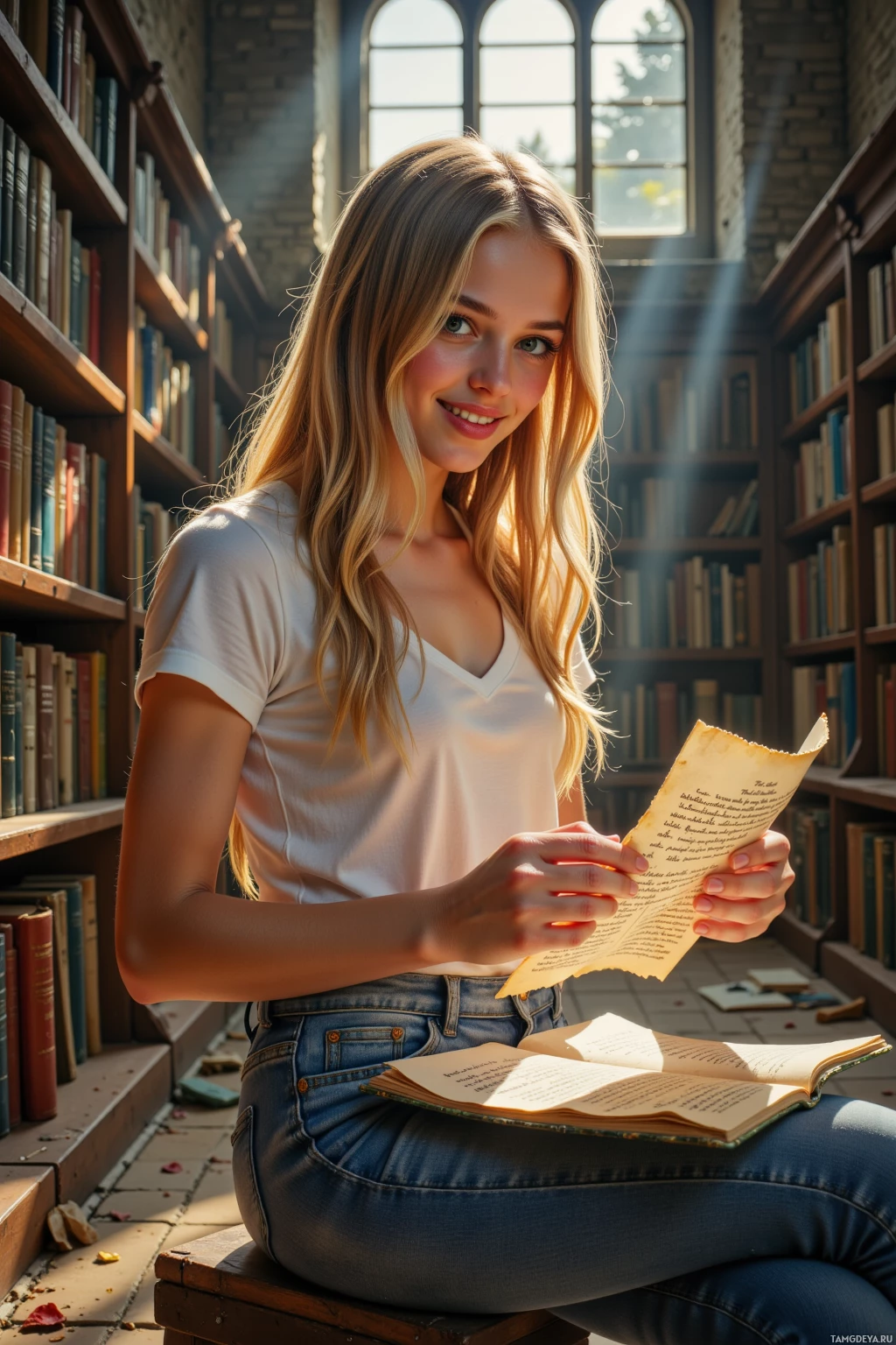 A young woman sits in a library, holding an open book and smiling.