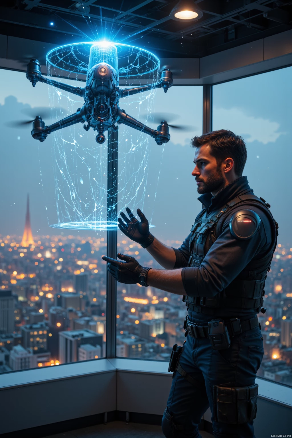 A man in tactical gear stands in a high-rise office, interacting with a hovering drone.