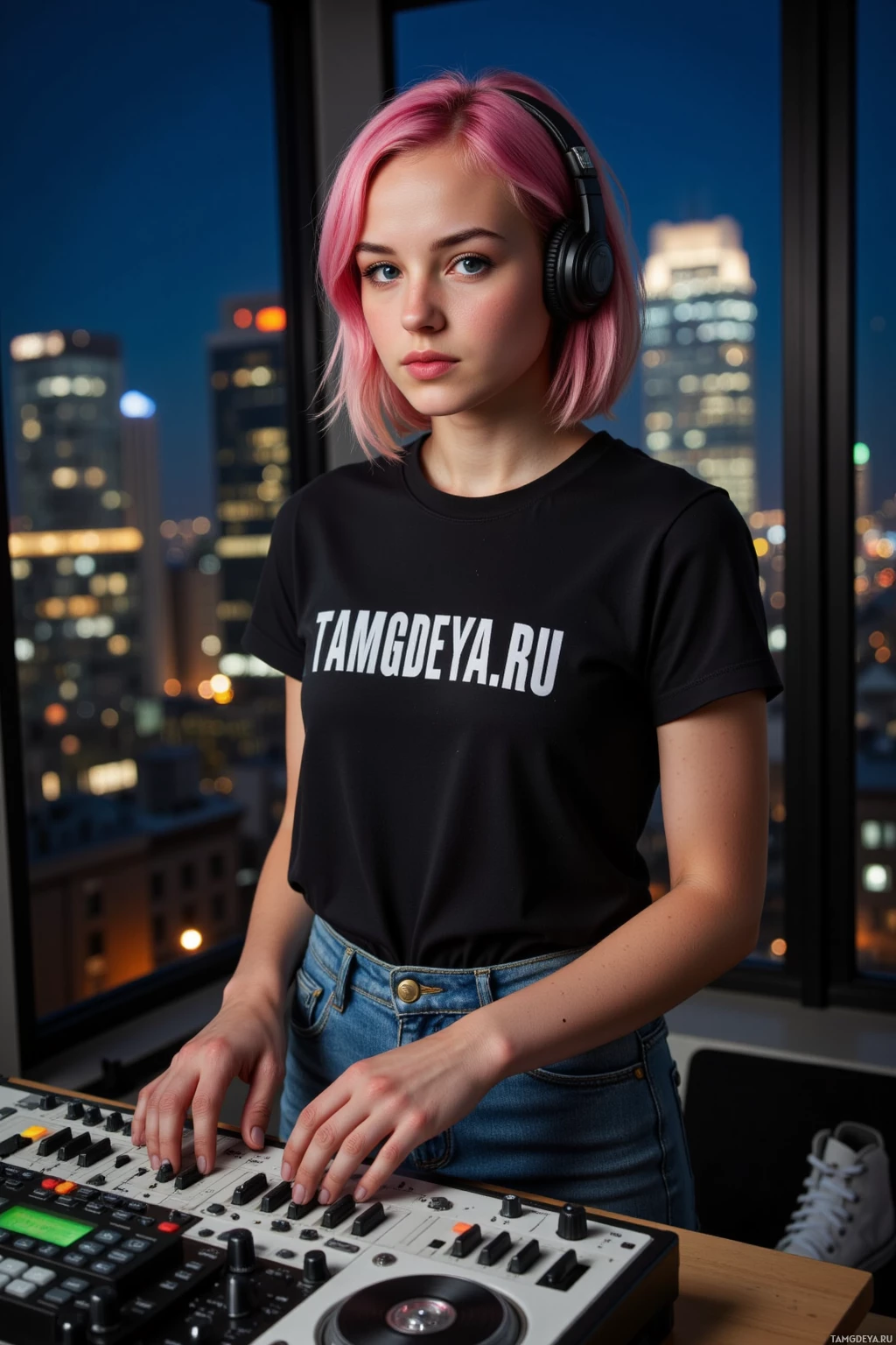 A person with pink hair wearing headphones and a black t-shirt stands in front of a DJ mixer with a cityscape at night in the background.
