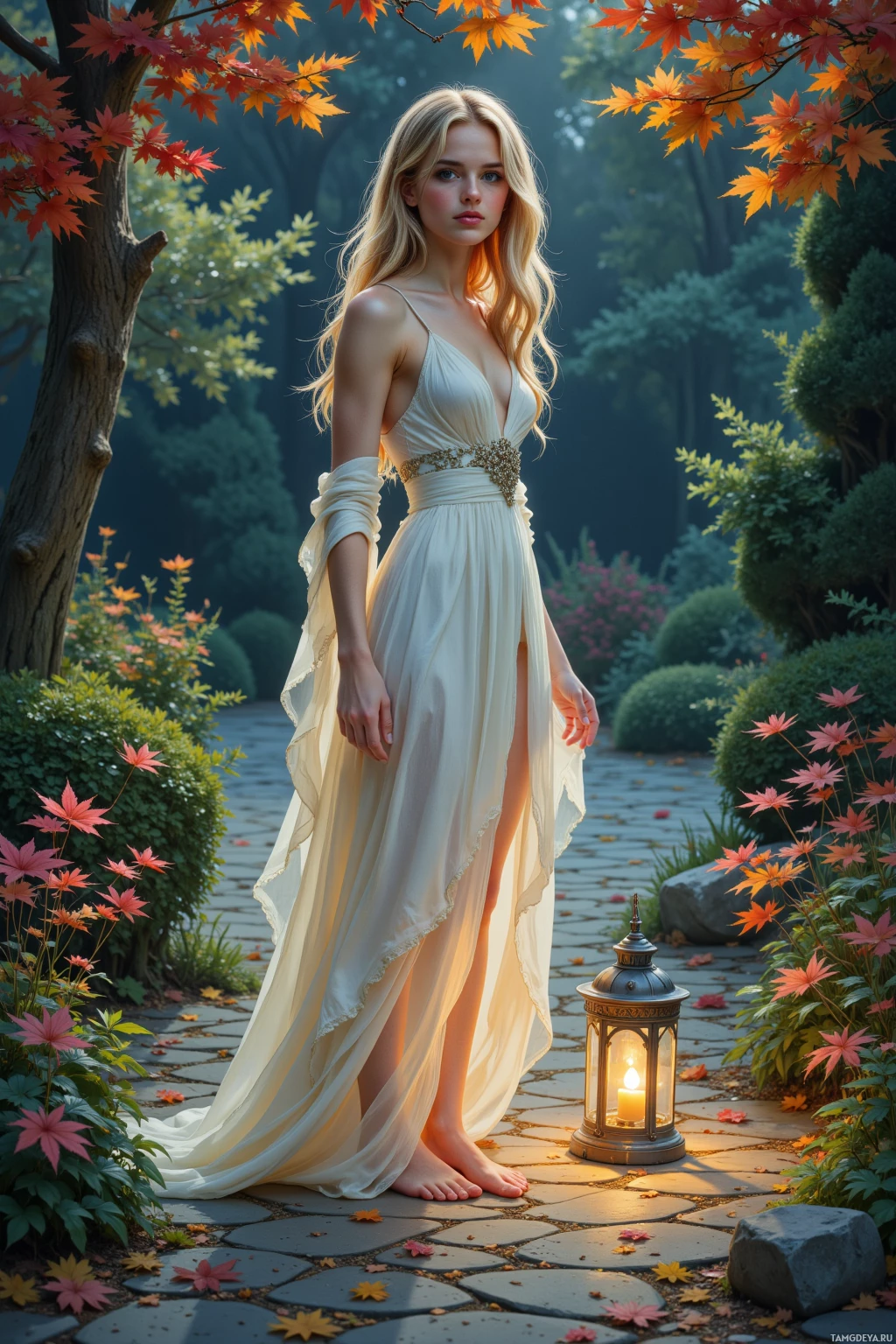 A woman in a flowing white dress stands in a garden with autumn leaves and a lit lantern.