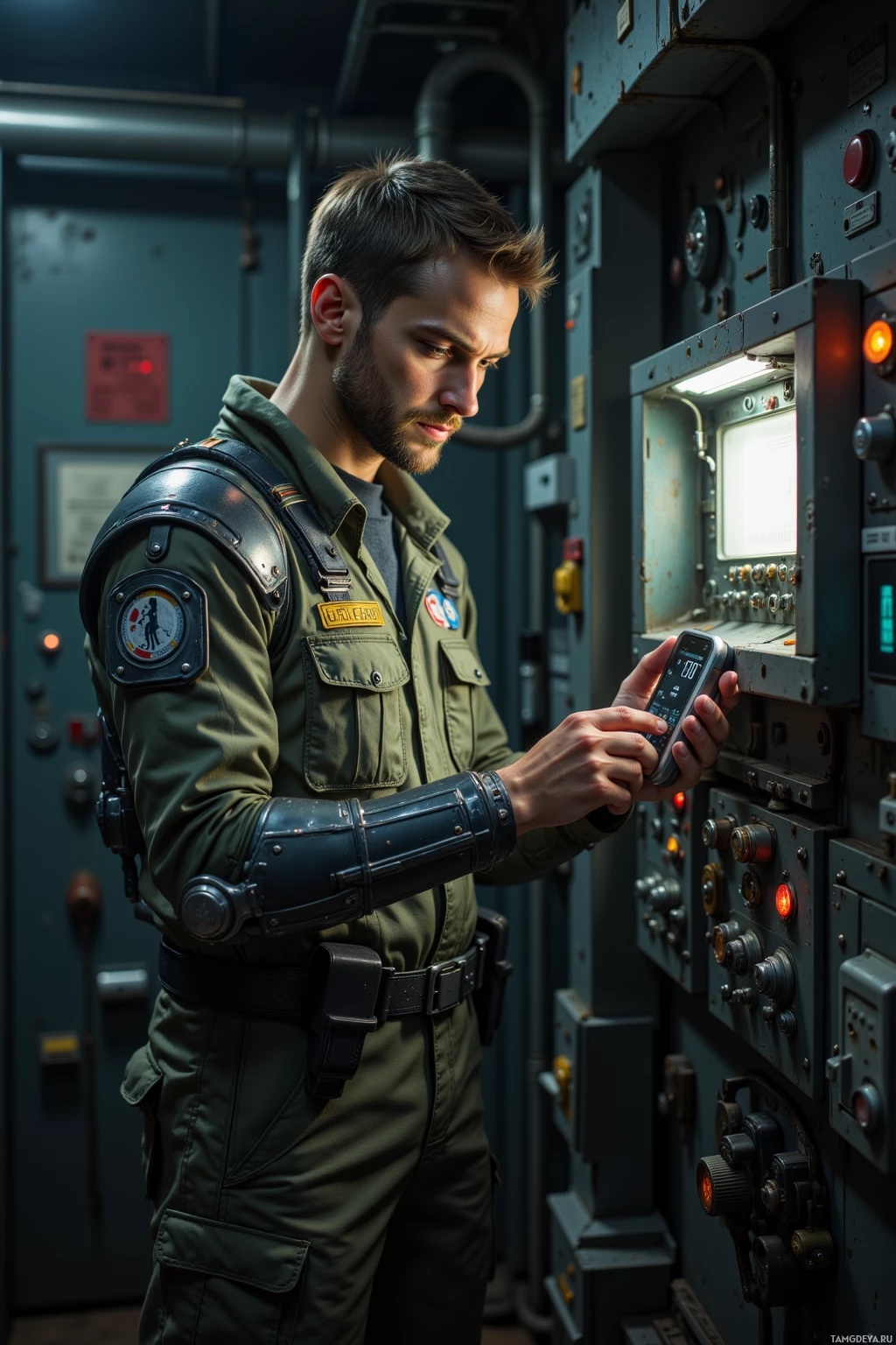 A person in military attire is operating a control panel.