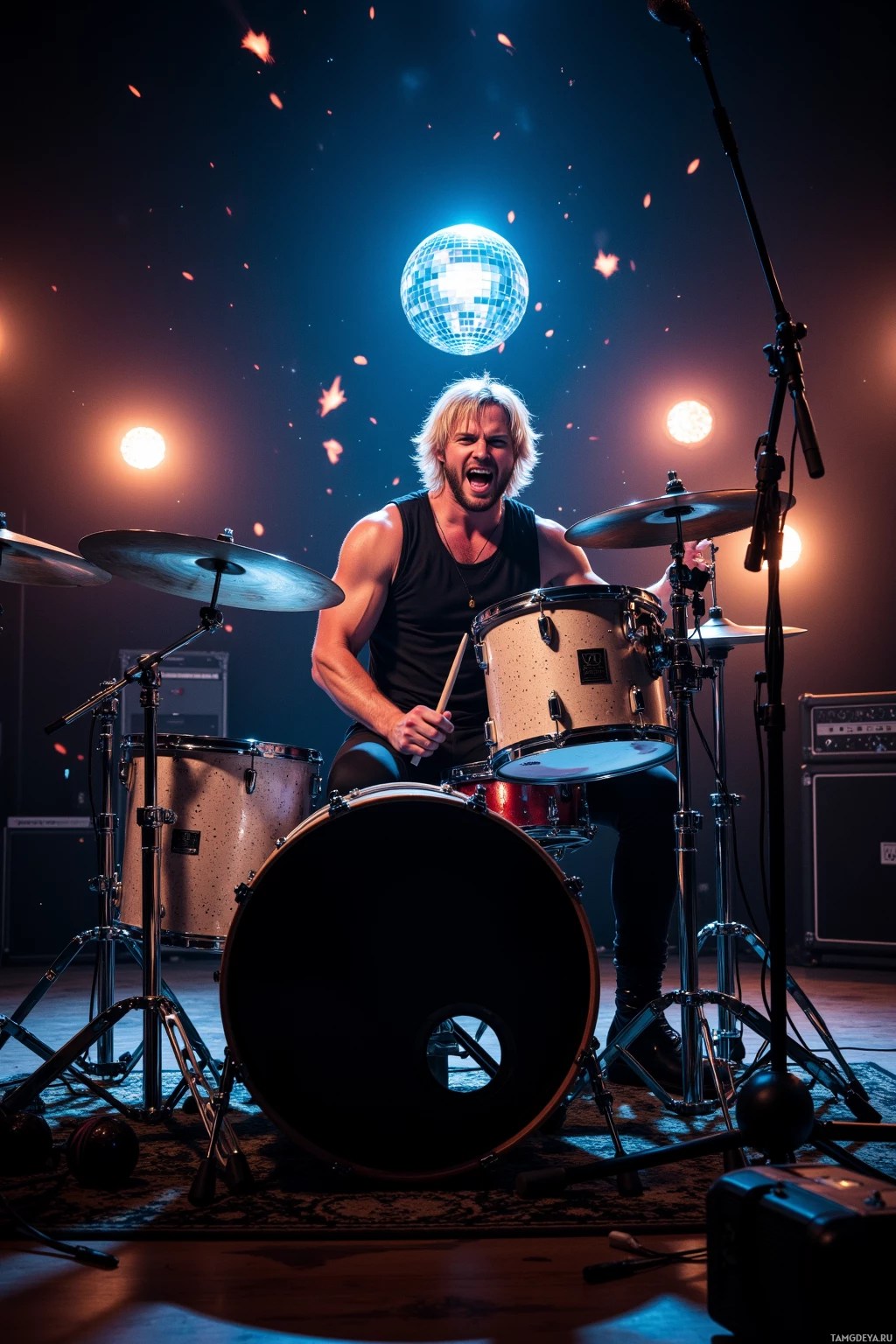 A drummer performs on stage under vibrant lighting with a disco ball in the background.