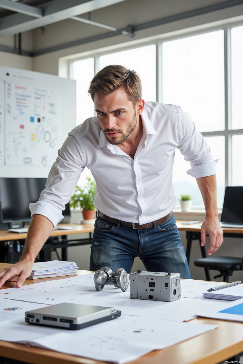 A man in a white shirt leans over a desk with papers and a small device, in a modern office setting.