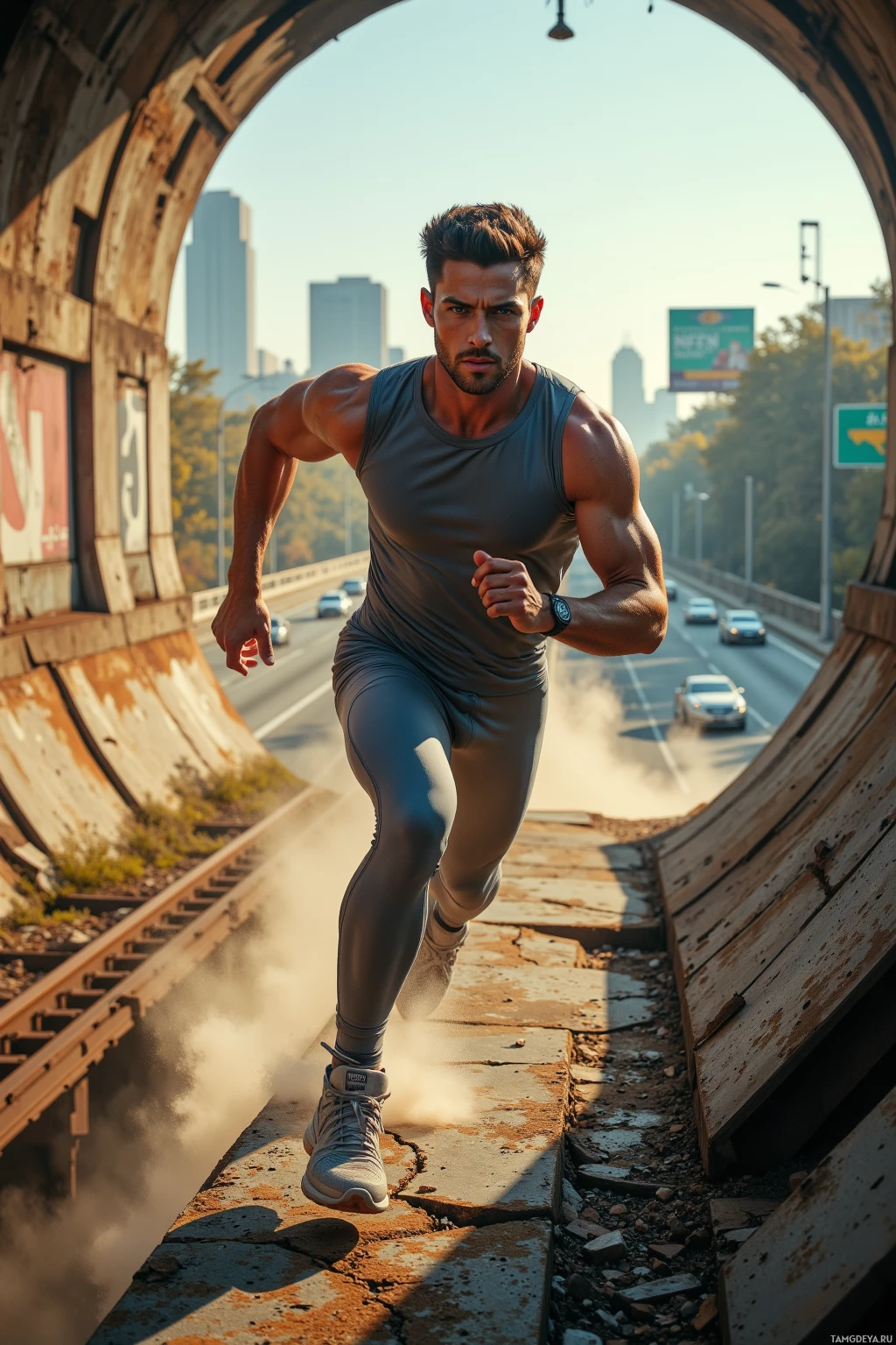A muscular man runs on a bridge with a cityscape and traffic in the background.