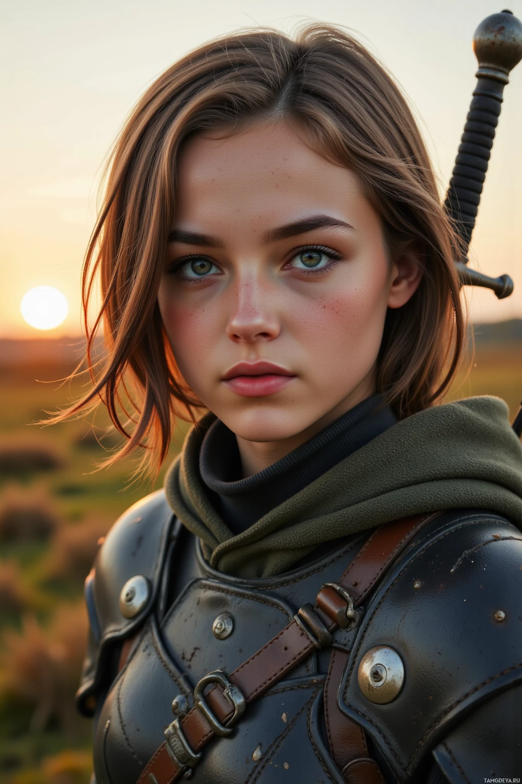 A person in medieval-style armor stands against a sunset backdrop.