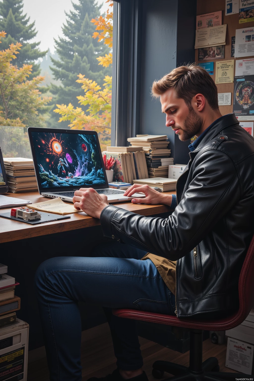 A man in a leather jacket sits at a desk, working on a laptop with a colorful screen, surrounded by books and autumn foliage outside the window.