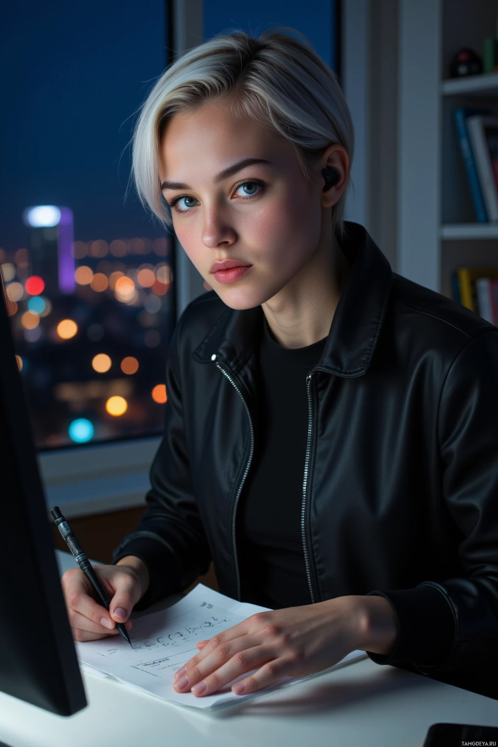 A person wearing a black jacket sits at a desk, writing on a piece of paper with a pen.