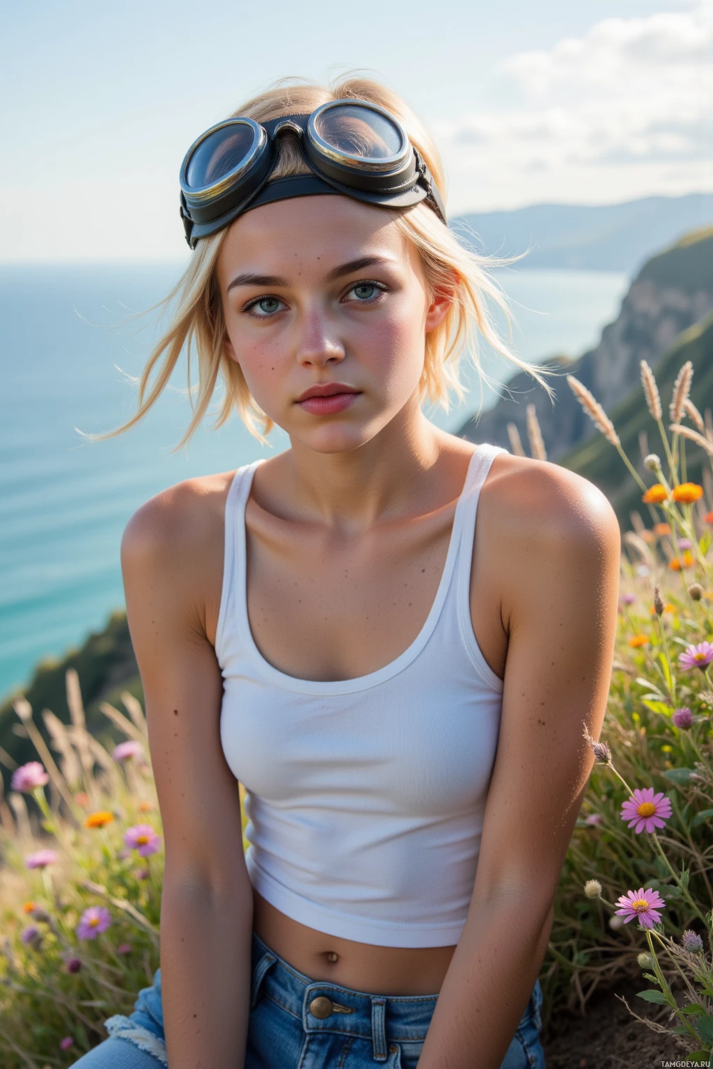 A young woman wearing a white tank top and denim shorts sits on a grassy cliff overlooking the ocean.