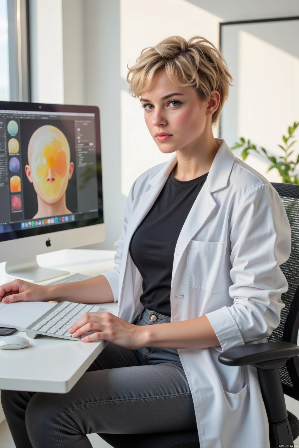 A person in a lab coat sits at a desk working on a computer.
