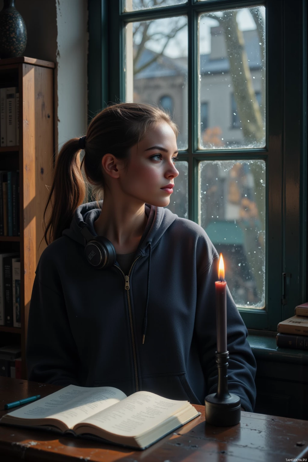A young person wearing a hoodie sits at a desk by a window, with an open book and a lit candle nearby.