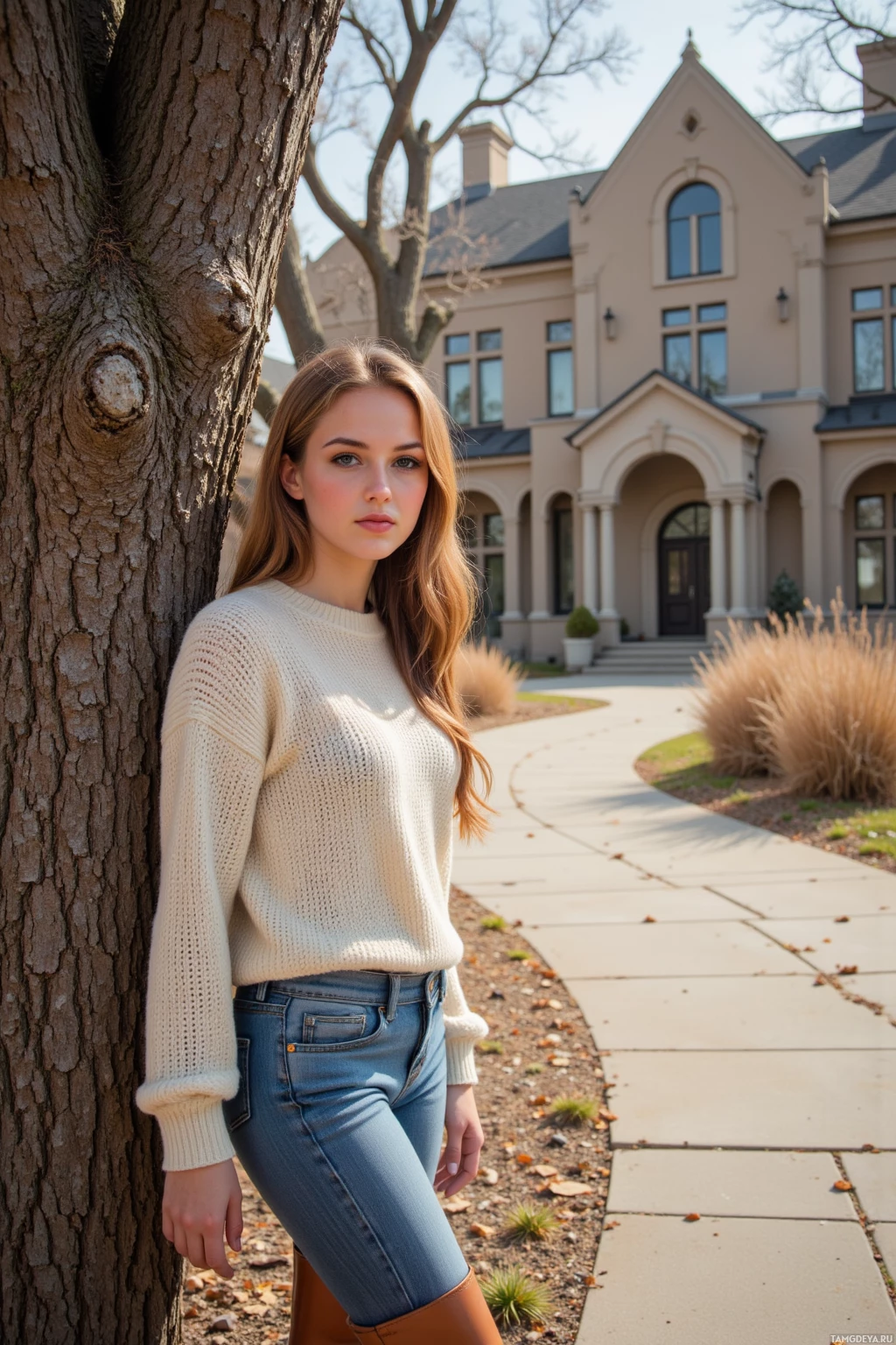 A woman leans against a tree in front of a large house.