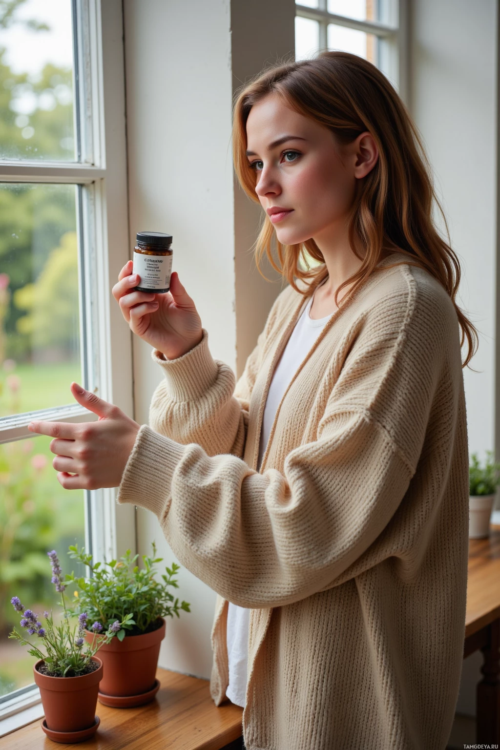 A woman stands by a window, holding a small jar and pointing outside.