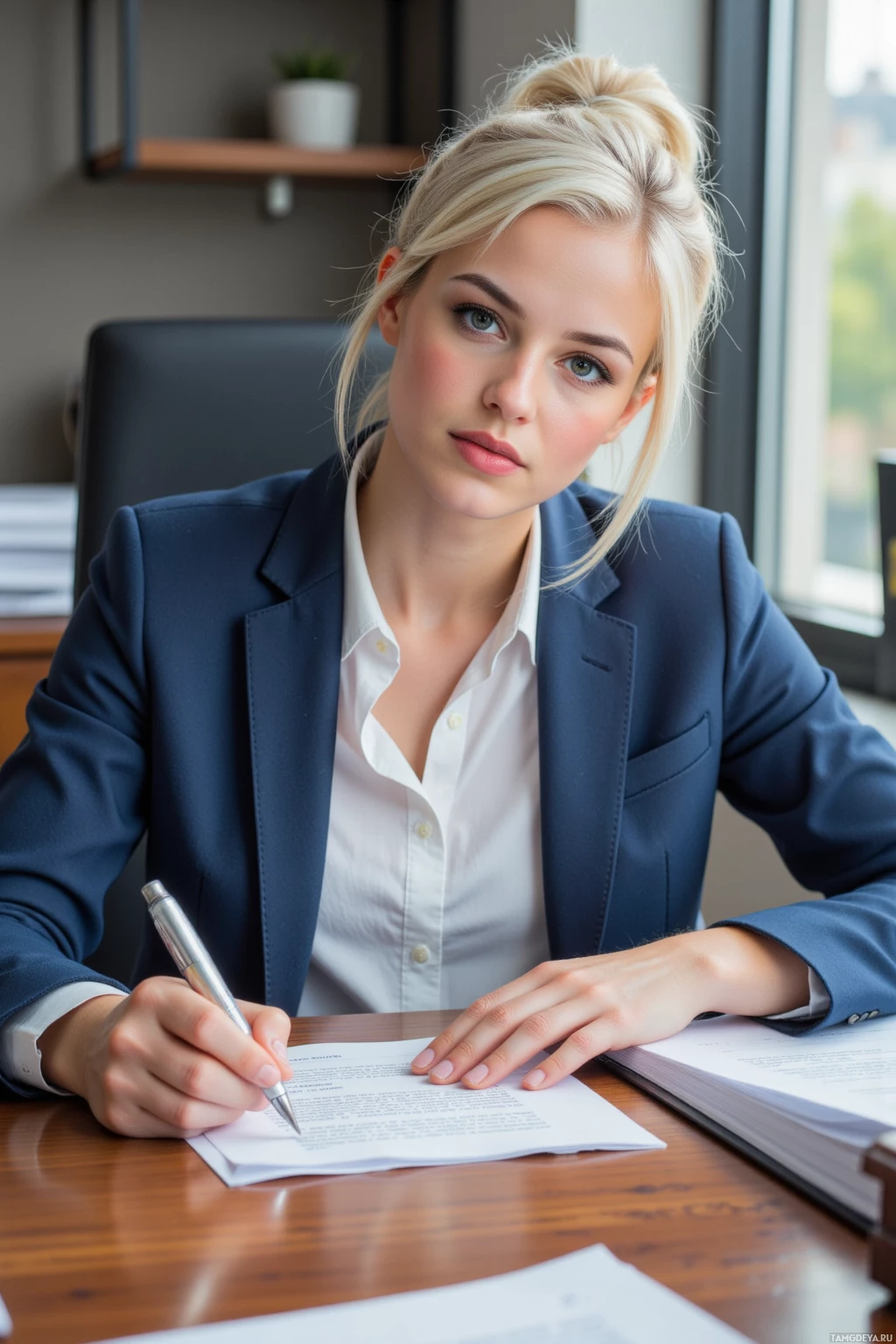 A woman in a professional setting is signing a document at a desk.