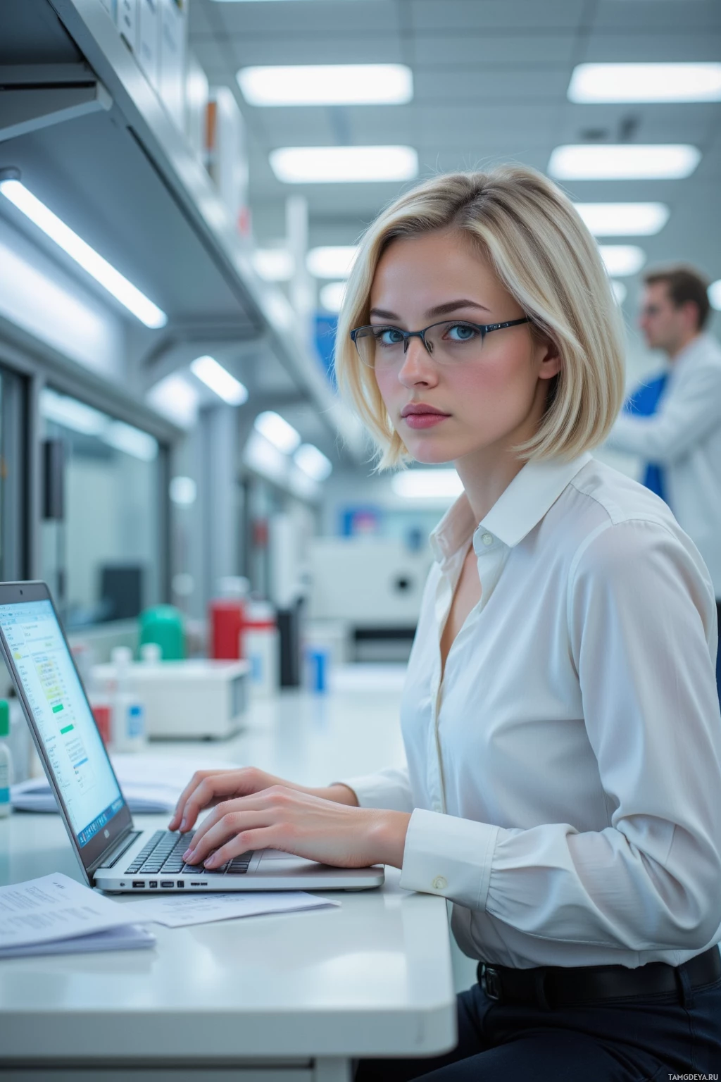 A woman in a lab coat works at a desk with a laptop in a laboratory setting.