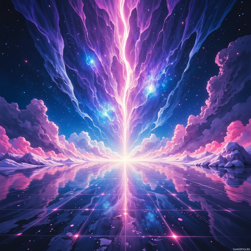 A vibrant cosmic scene with a glowing light beam descending from the sky, reflected on a calm body of water, surrounded by ethereal clouds and distant mountains.