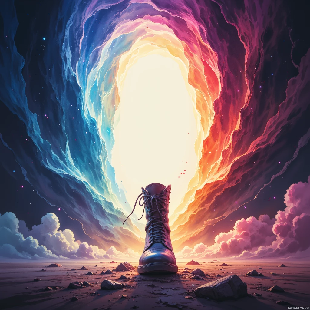 A boot stands in a surreal landscape with a glowing, cosmic tunnel in the sky.