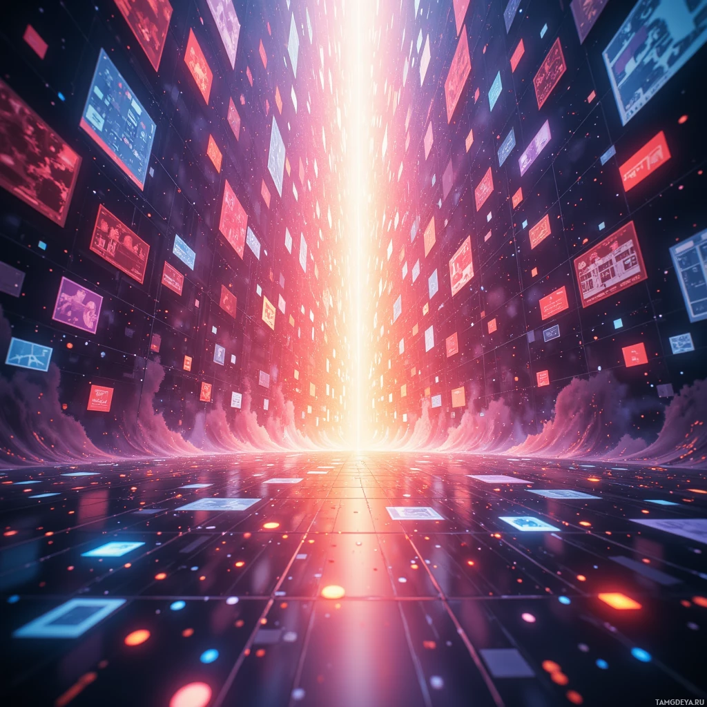 A futuristic digital tunnel with glowing screens and particles.