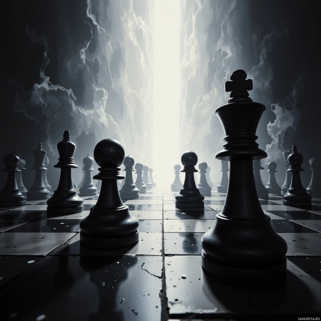 A dark, atmospheric chessboard with black pieces leading towards a bright, glowing light at the end.