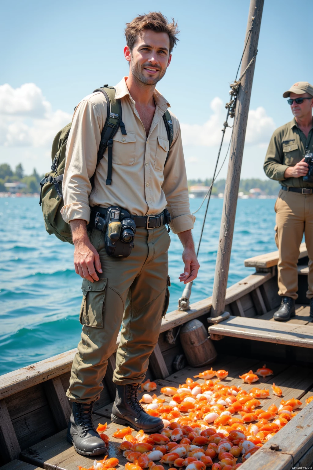 A man in safari attire stands on a boat, surrounded by scattered fish eggs.