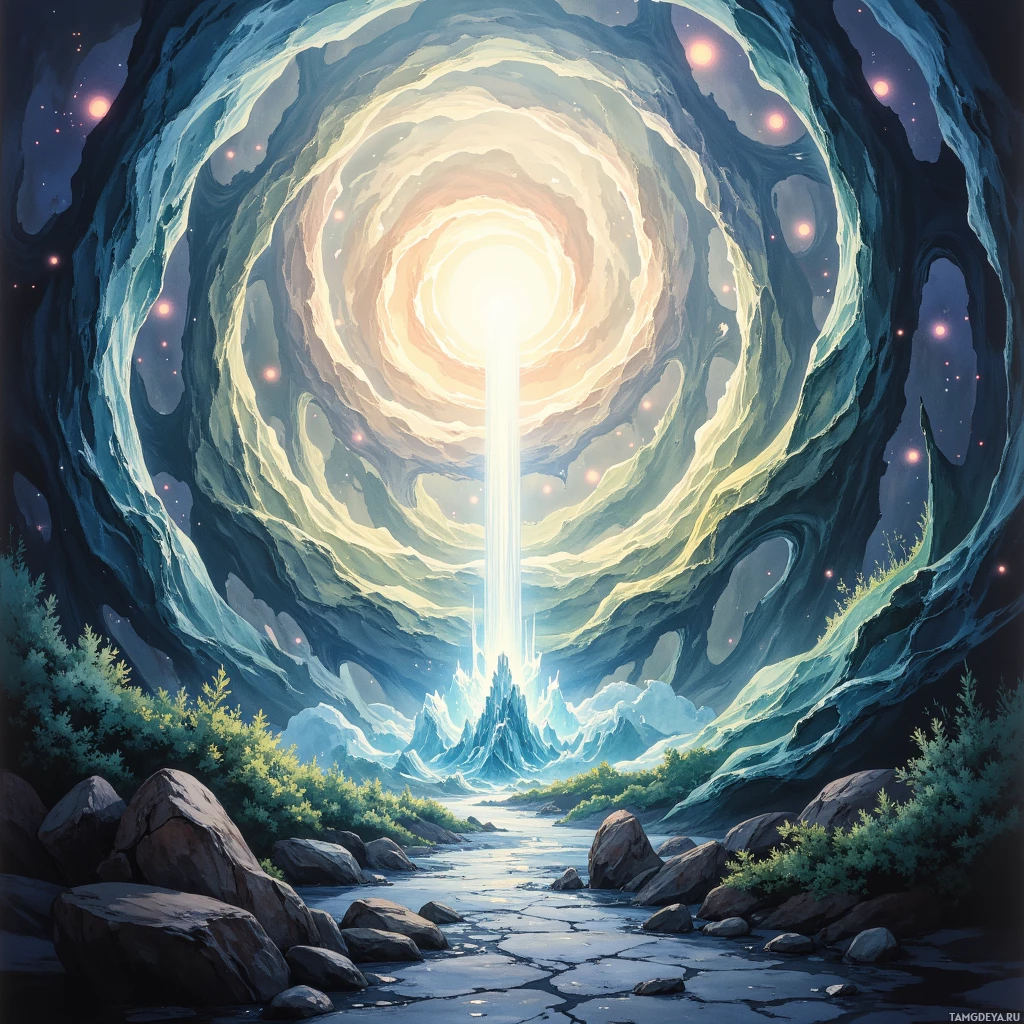 A serene landscape with a glowing light at the center, surrounded by rocky terrain and lush greenery.