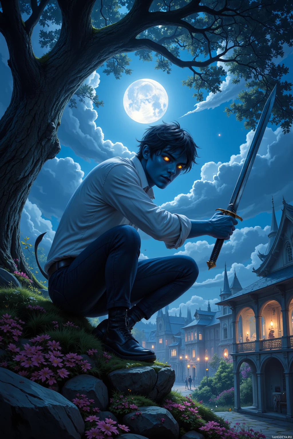 A man crouches under a tree, holding a sword, with a castle and full moon in the background.