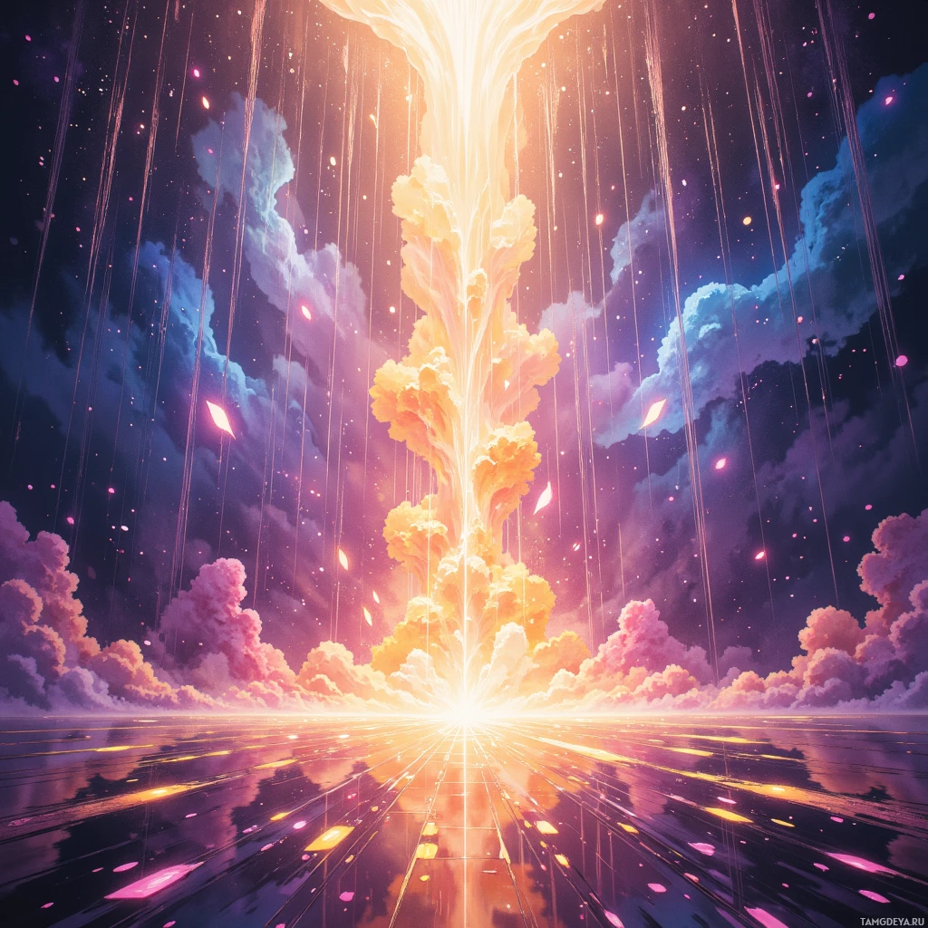 A vibrant, cosmic scene featuring a glowing, radiant column of light rising from a reflective surface, surrounded by dynamic clouds and falling particles.