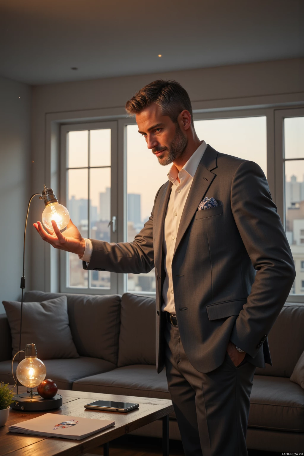 A man in a suit stands in a modern living room, holding a lit light bulb.