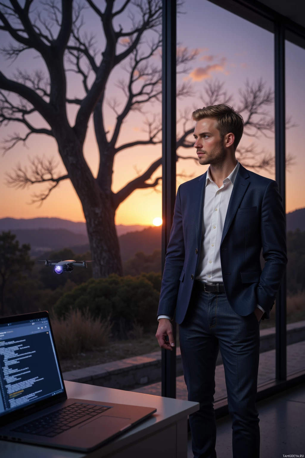 A man in a suit stands by a window, looking out at a sunset with a drone hovering nearby.