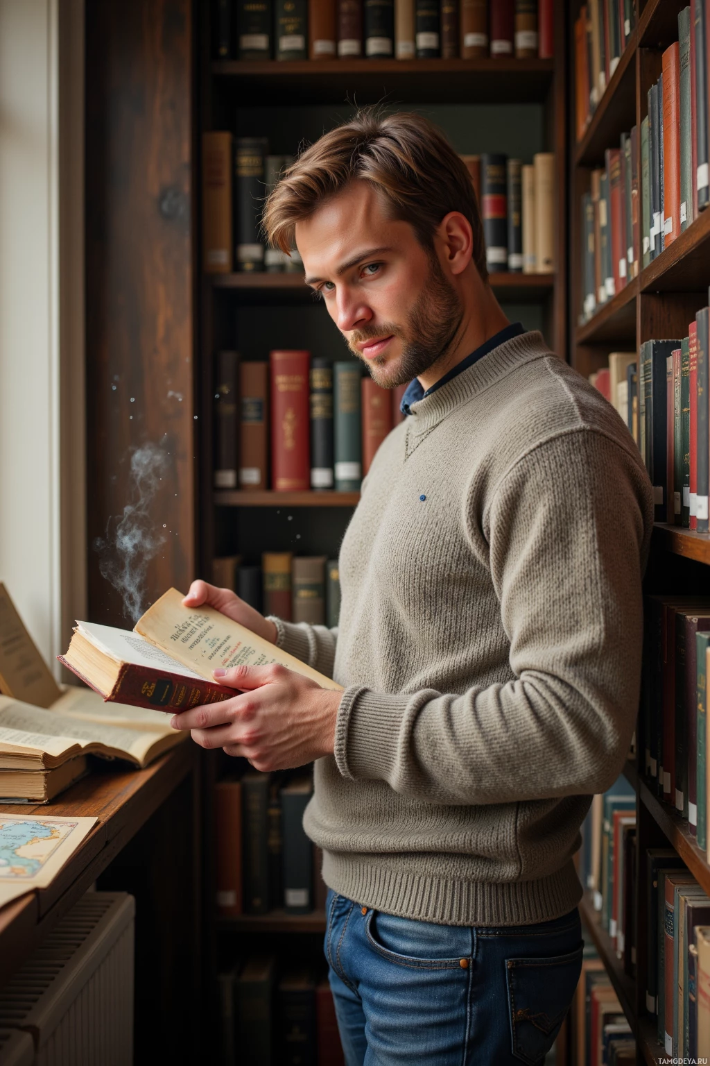 A man in a sweater stands in a library, holding an open book.