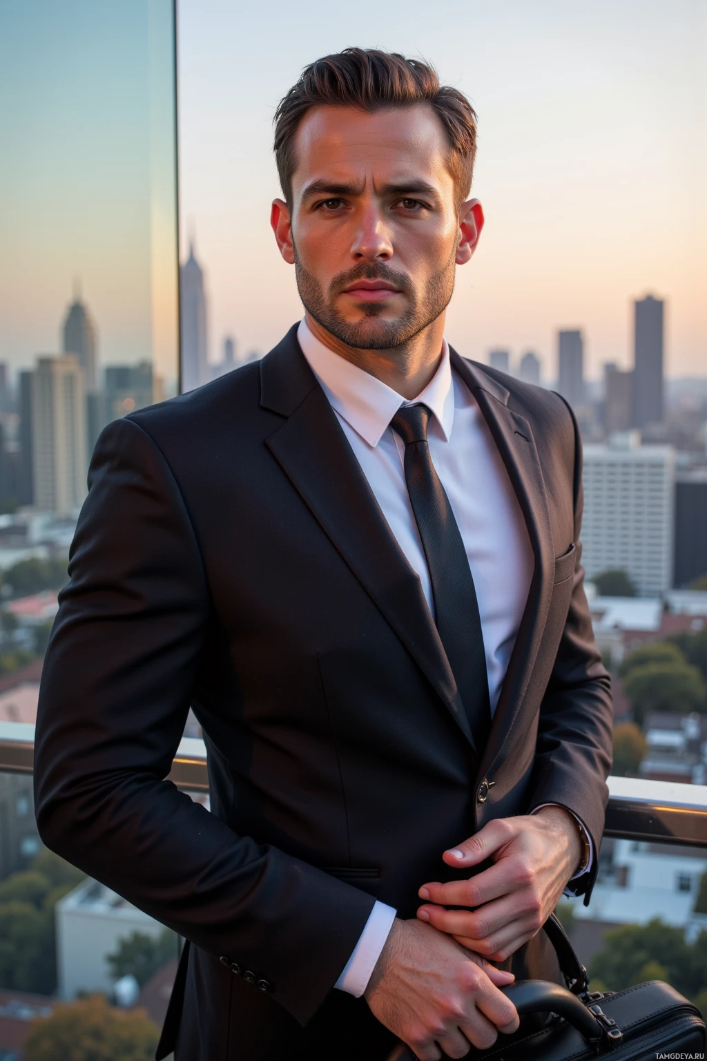 A man in a suit stands on a rooftop with a cityscape in the background.