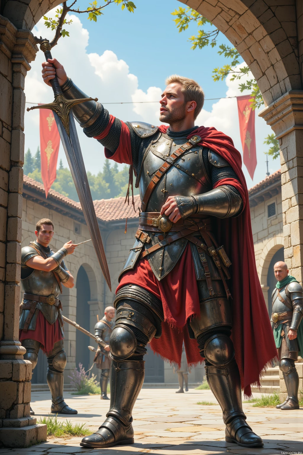 A knight in armor stands with a sword raised, under a stone archway with other armored figures in the background.