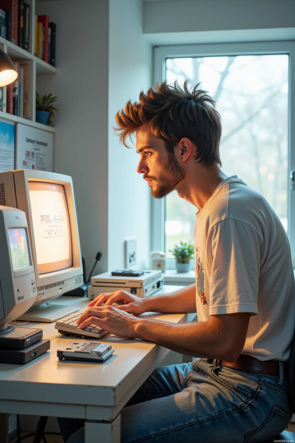 A person is sitting at a desk, working on an old computer.
