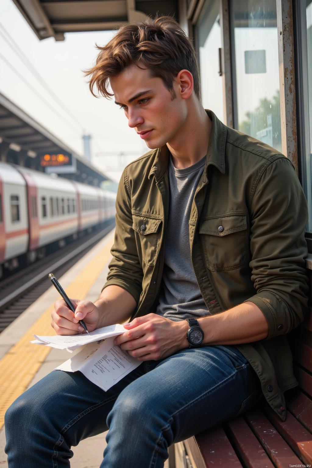 A man sits on a bench at a train station, writing on a piece of paper.