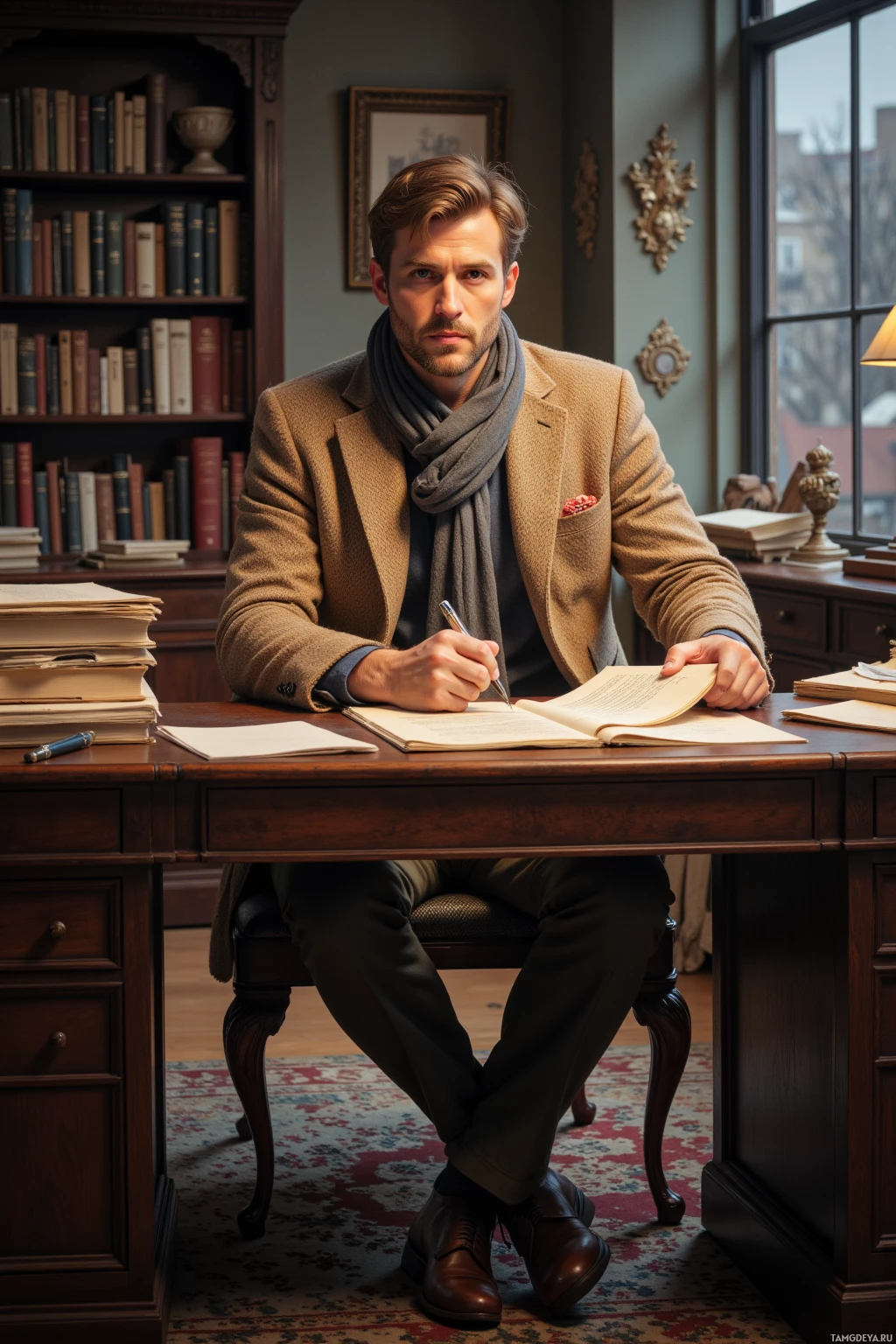 A man in a suit sits at a desk, writing in a notebook.