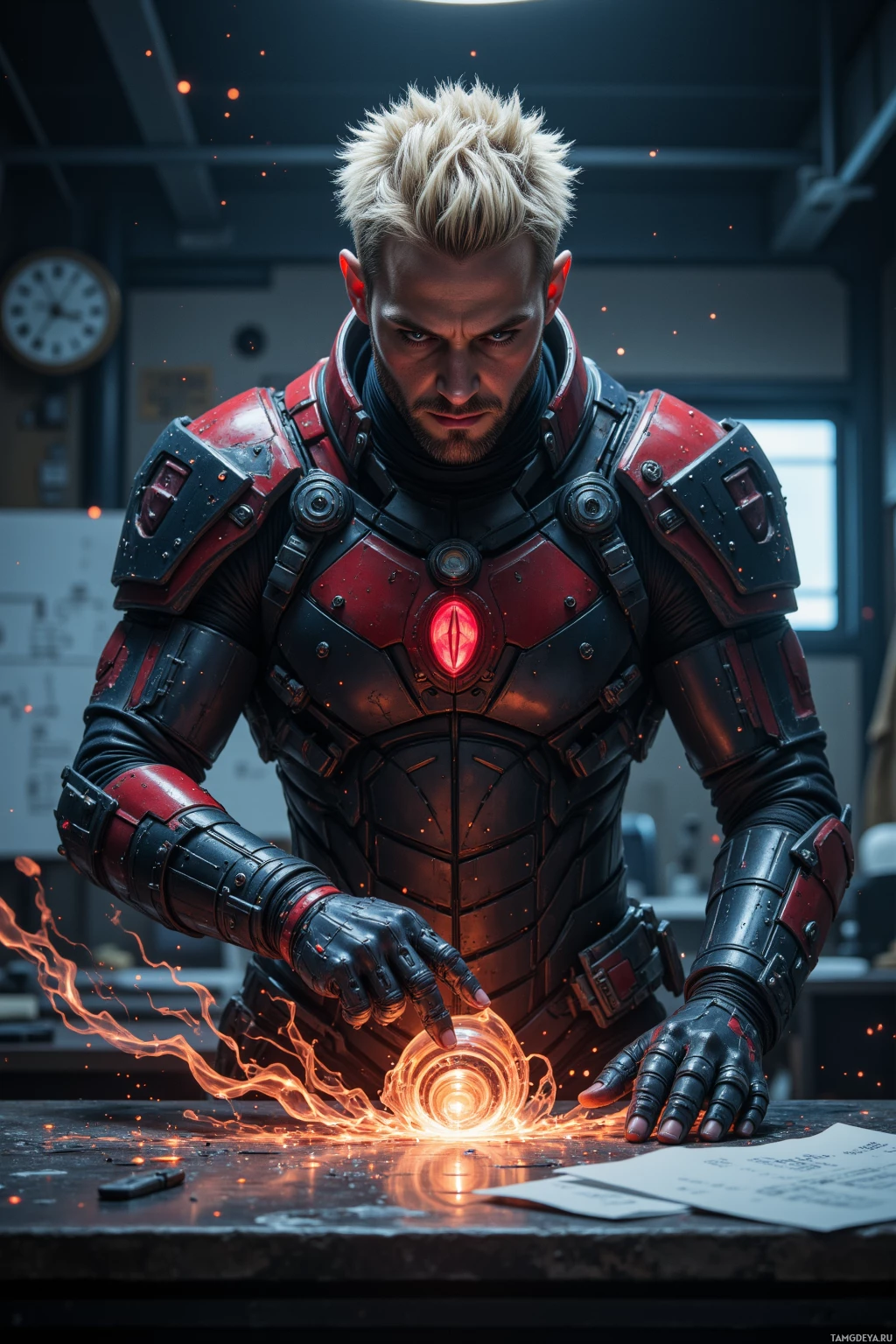 A person in futuristic armor with glowing red eyes and a red light on the chest, surrounded by sparks.