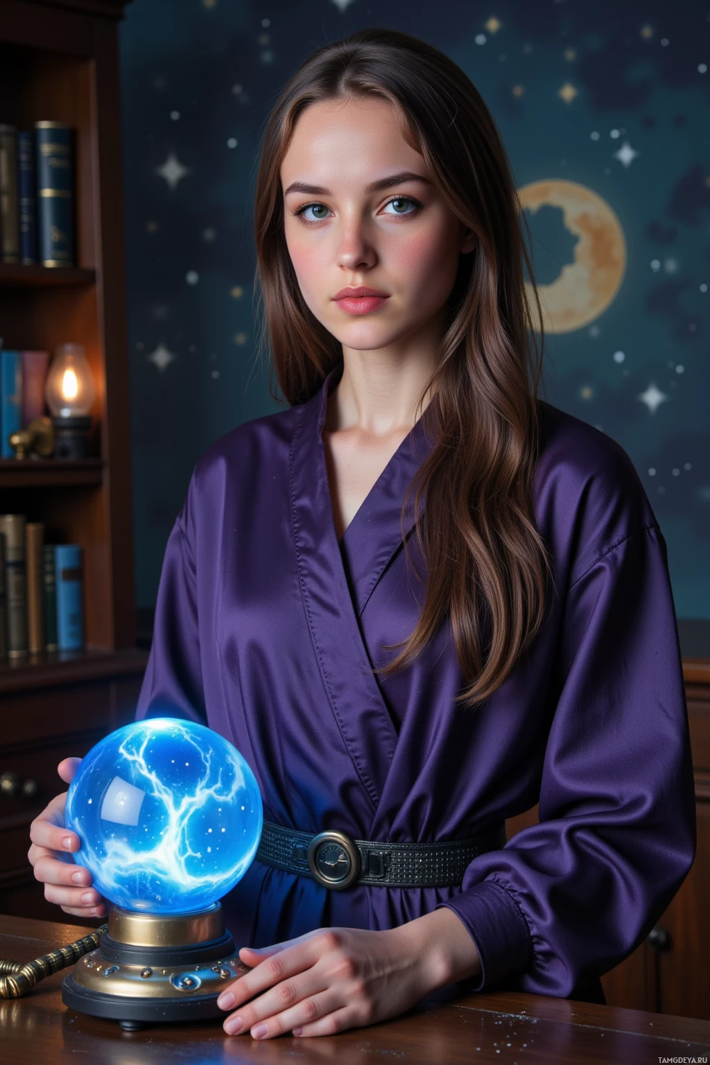 A person in a purple robe holds a glowing blue crystal ball on a table.