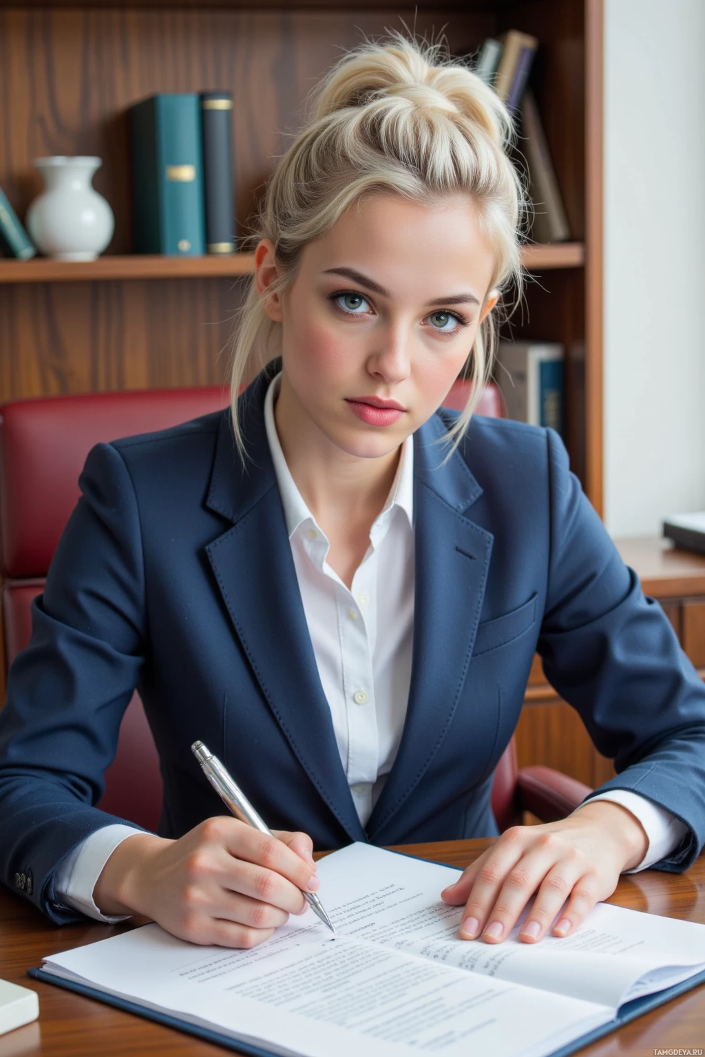 A woman in a professional setting, wearing a suit and writing on a document.